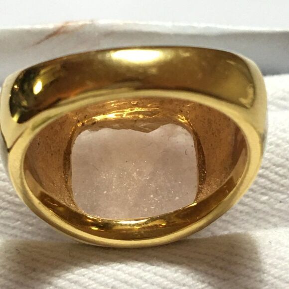 Vintage Rose Quartz Ring Gold Tone Cream Enamel Wide Band Size 7 - Picture 8 of 12